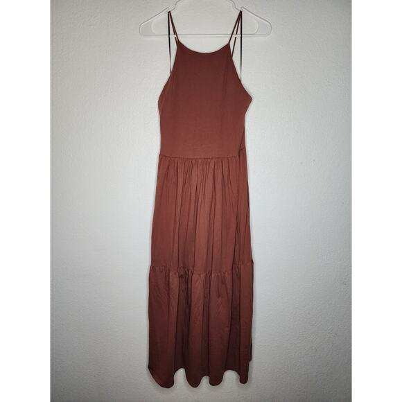 Zara Tiered Cotton Maxi Dress Terracotta Brick Backless Spaghetti Strap Midaxi - Picture 2 of 10